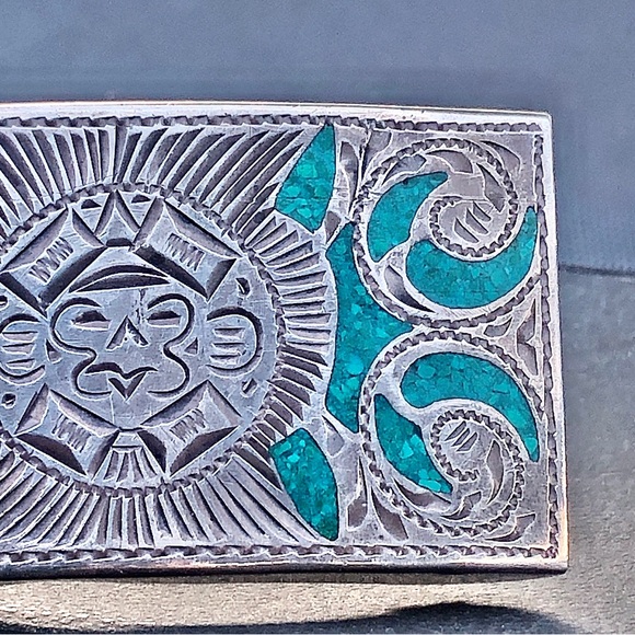 Vintage Sterling Silver Turquoise Aztec Mayan Belt Buckle Mexico - Picture 10 of 16
